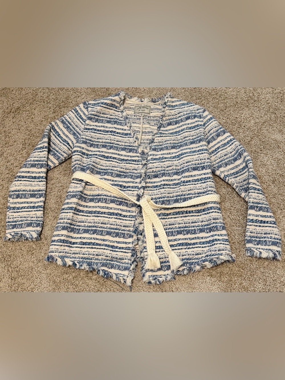 Lucky Brand Women’s Blue White Striped Open Belted Fringe Cardigan Boho XS